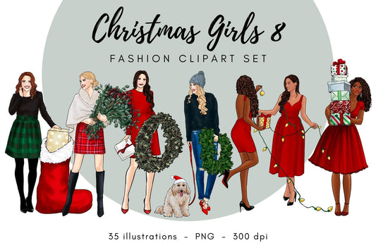 Christmas Girls 8 Fashion Illustration Clipart Set, sublimation
