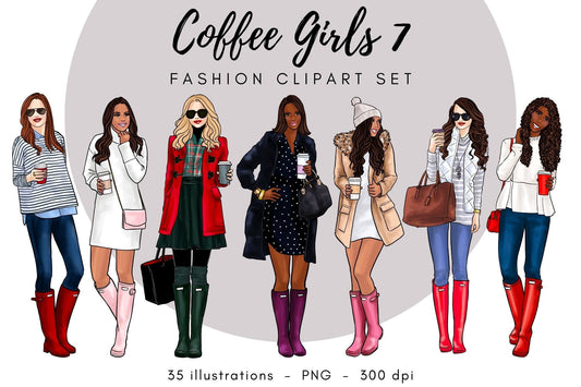 Coffee Girls 7 Fashion Clipart Set watercolour illustration,, sublimation