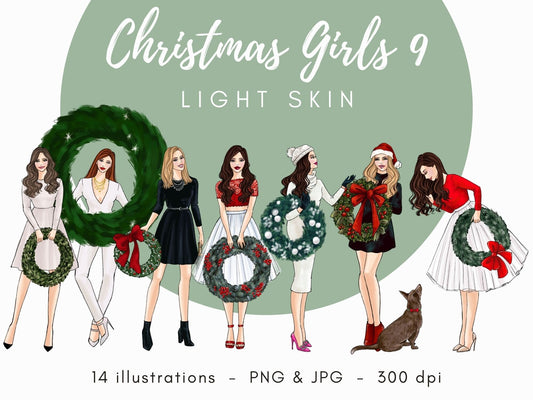 Christmas Girls 9 - Light Skin Fashion illustration clipart, printable art, instant download, fashion print, watercolor clipart