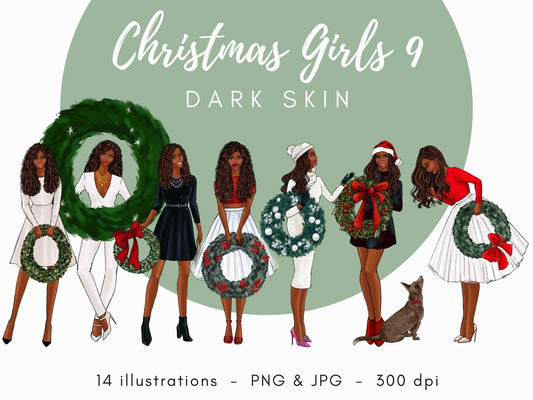 Christmas Girls 9 - Dark Skin Fashion illustration clipart, printable art, instant download, fashion print, watercolor clipart, sublimation
