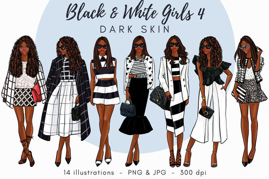 Black and white girls 4 - dark skin Fashion illustration clipart, printable art, instant download, fashion print, watercolor clipart