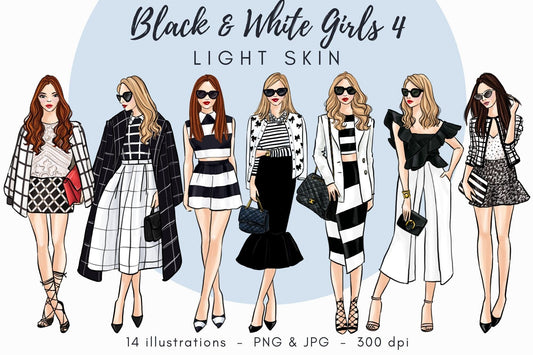 Black and white girls 4 - light skin Fashion illustration clipart, printable art, instant download, fashion print, watercolor clipart