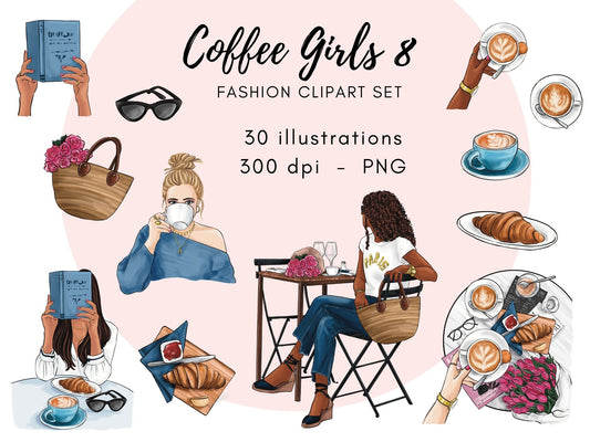 Coffee Girls 8 Fashion illustration clipart, printable art, instant download, fashion print, watercolor clipart PNG