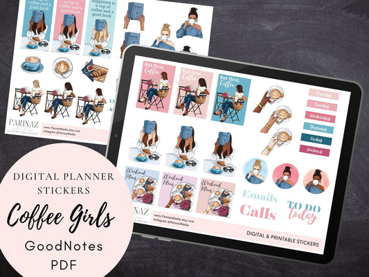 Coffee Girls pre cropped GoodNotes planner stickers, digital stickers, Printable PDF, instant download