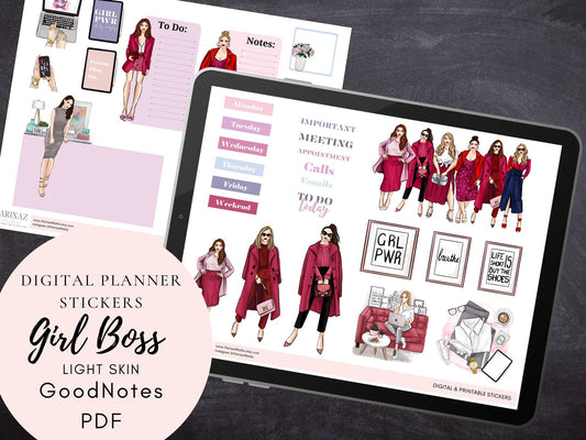Girl Boss - Light Skin pre-cropped GoodNotes planner stickers, digital stickers, Printible PDF, instant download
