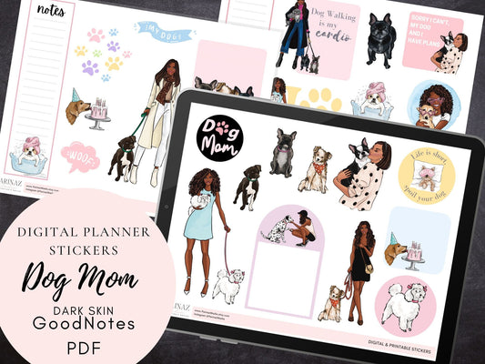 Dog Mom - Dark skin stickers Digital GoodNotes File and Printable PDF, instant download