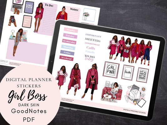 Girl Boss - Dark Skin pre-cropped GoodNotes planner stickers, digital stickers, Printible PDF, instant download