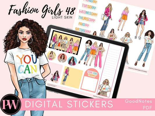 Digital GoodNotes and Printable stickers PDF, instant download Fashion girls 48 - light skin