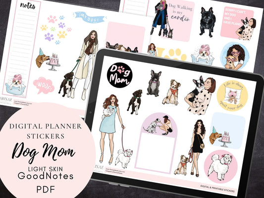 Digital GoodNotes and Printable stickers - Dog Mom - Light skin - PDF, instant download