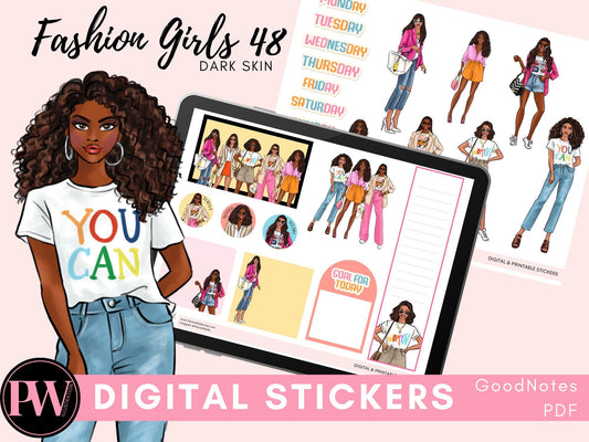 Black girl Digital planner stickers, GoodNotes pre cropped,  PDF, instant download, Printable Fashion girls 48, girl icons