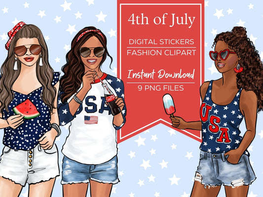 4th of July girl clipart PNG, digital illustration, planner dolls, digital sticker, fashion illustration, instant download, printable art