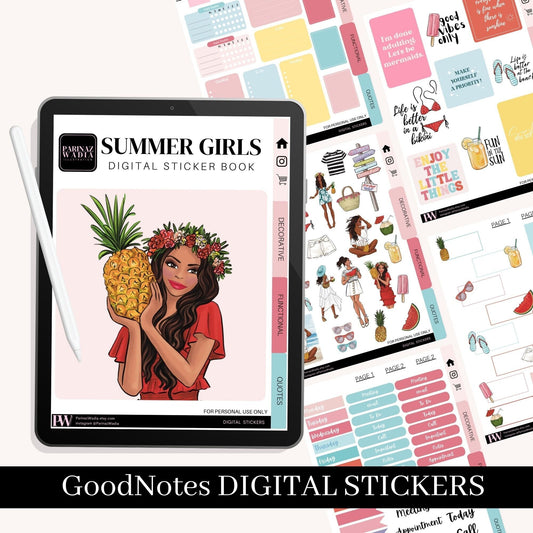 Digital GoodNotes stickers, Summer girls - Dark skin, instant download, digital planner stickers