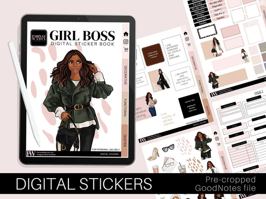 Digital GoodNotes stickers Girl boss - Dark skin, hyperlinked, pre cropped, iPad planner stickers