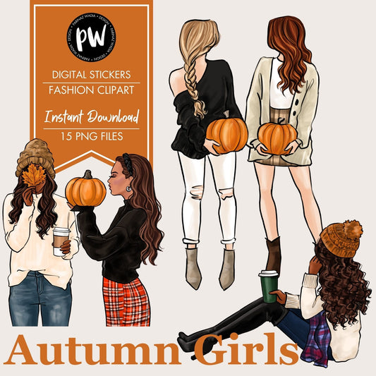 Autumn Clipart, Autumn Girls Digital stickers, Fashion illustration, printable art, instant download, fashion print, watercolor PNG