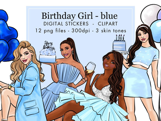 Birthday girl - blue Fashion illustration clipart, printable art, instant download, fashion print, watercolor clipart PNG