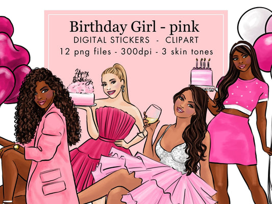 Birthday girl - pink Fashion illustration clipart, printable art, instant download, fashion print, watercolor clipart PNG