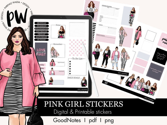 Digital GoodNotes Pink Girl stickers - light skin, Printable stickers PDF, instant download, notability stickers, sticker png