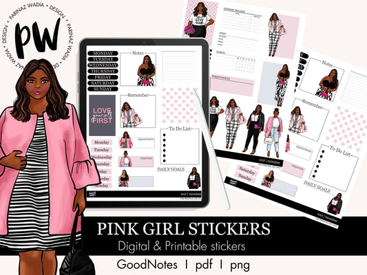 Digital GoodNotes Pink Girls Stickers - dark skin, Printable stickers PDF, instant download PNG, Notability stickers, fashion stickers