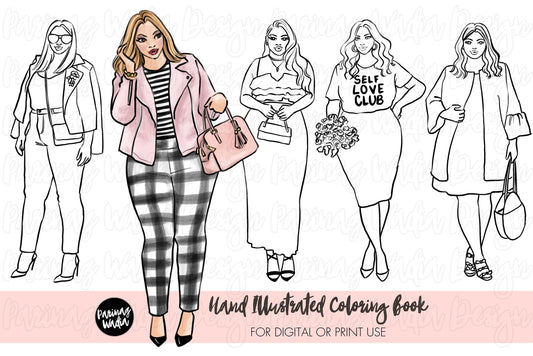 Fashion Coloring Book for digital or print use, Curvy girl Adult / Kids Coloring pages, printable coloring pages, png coloring pages