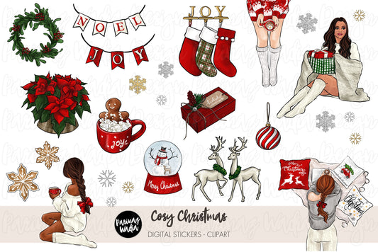 Cozy Christmas Hand Drawn Fashion Illustration Clip Art Watercolor Clipart Icons Glam Girly Bundle  Planner Sticker Graphics png
