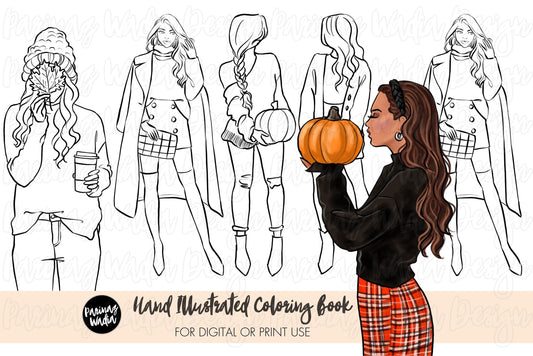 Fashion Coloring Book for digital or print use, Autumn Girls adult coloring pages, printable coloring pages, png coloring pages